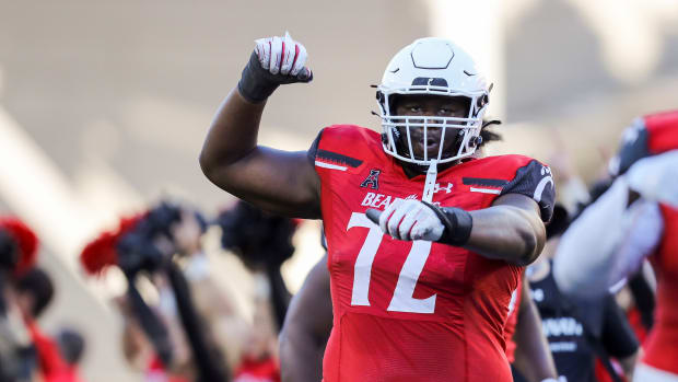 Oct 8, 2022; Cincinnati, Ohio, USA; Cincinnati Bearcats offensive lineman James Tunstall (72) reacts after the victory over the South Florida Bulls at Nippert Stadium. Mandatory Credit: Katie Stratman-USA TODAY Sports  